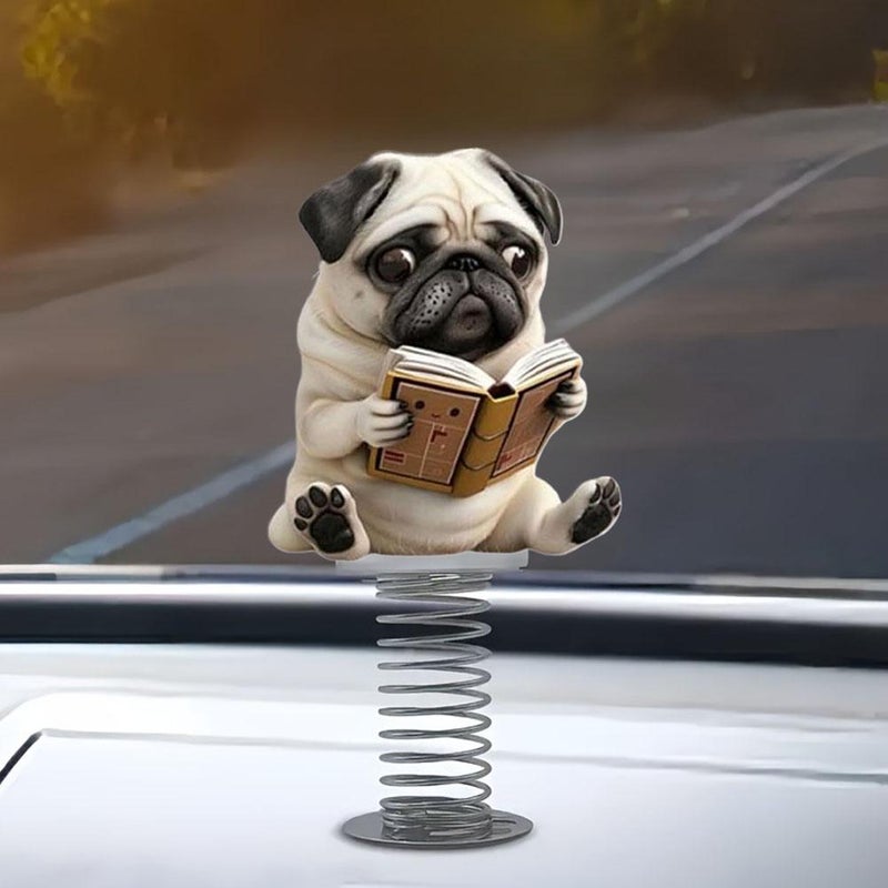 Adorable Pug Acrylic Car Spring Decors,Pug Car Dashboard Decors,Funny Cute Pug Cars Dashboard Decor Accessories with Spring for Desk Gifts,2D Cartoon for Cars Interior Accessory - Image 3